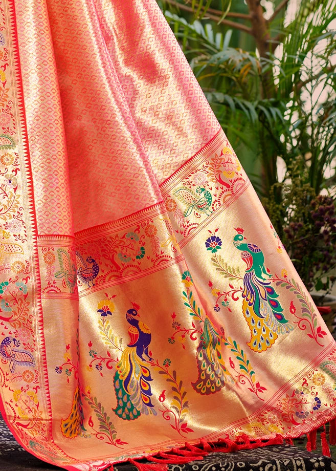 Tangerine Peach Paithani Silk Saree With Peacock Motifs