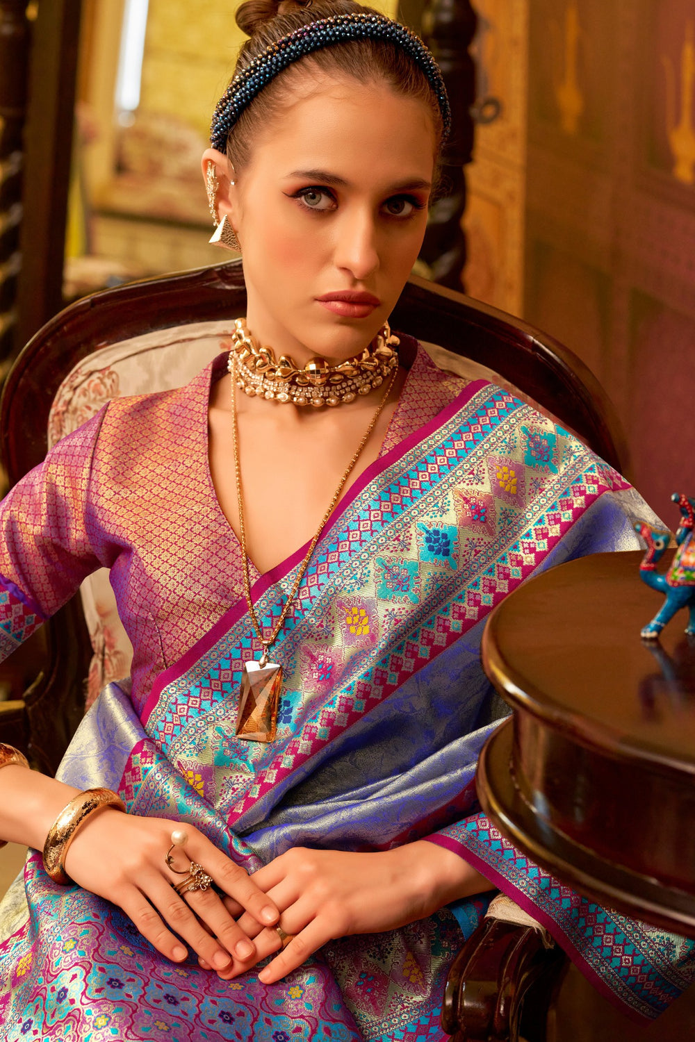 Blue Banarasi Tissue Silk Multicolor Weaving Border Saree