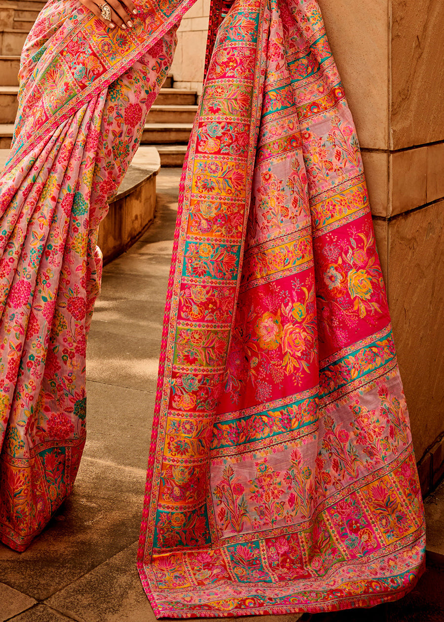Pure Kashmiri Silk Handloom Weaving Pastel Pink Saree