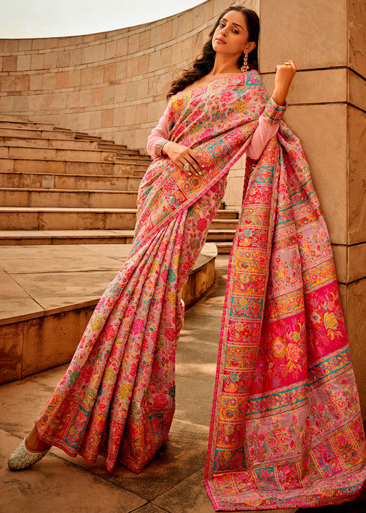 Pure Kashmiri Silk Handloom Weaving Pastel Pink Saree