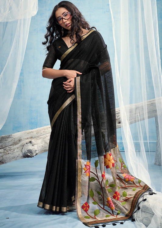 Pure Muga Silk Black & Golden Handloom Paithani Saree