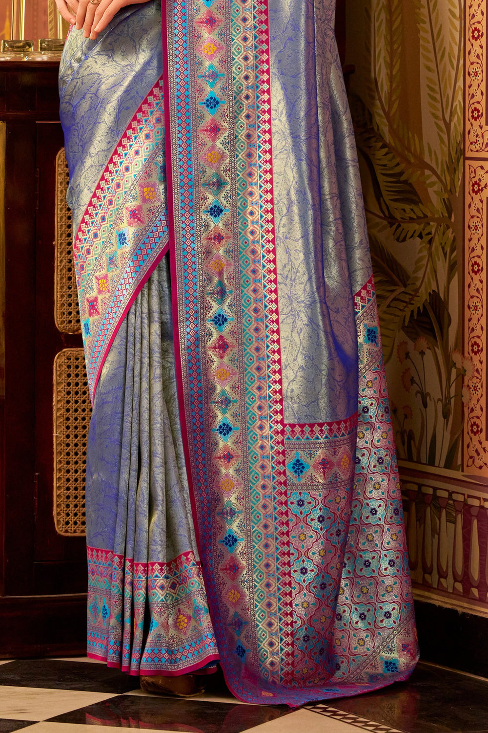 Blue Banarasi Tissue Silk Multicolor Weaving Border Saree