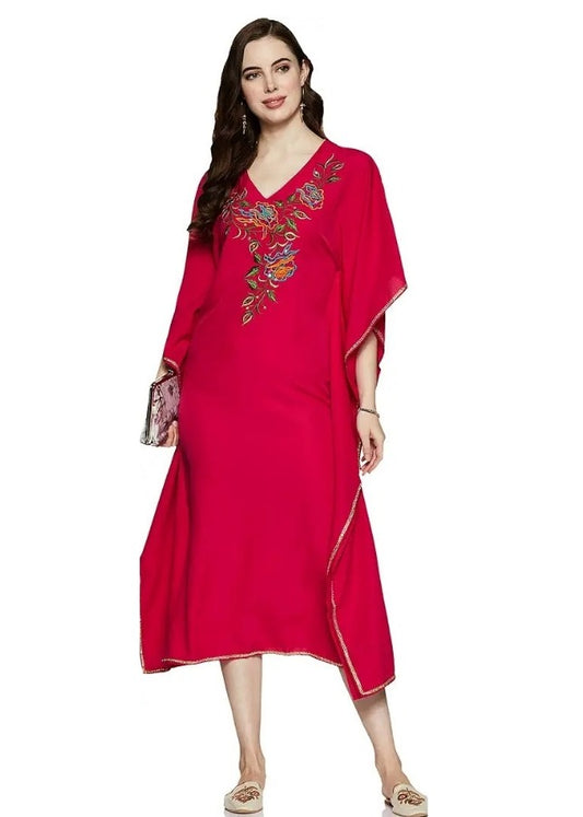 Hot Pink Kaftan With Hand Embroidery