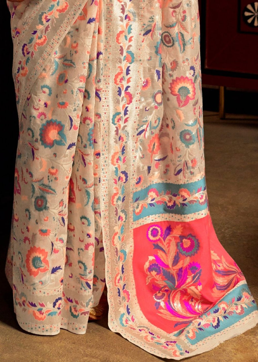 Kashmiri Jamawar Silk Off White Handloom Pashmina Saree