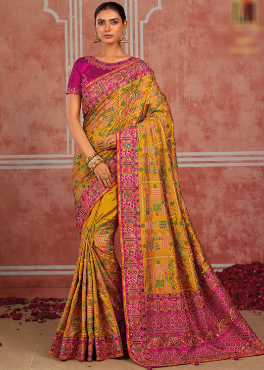 Banarasi Silk Kutchi Bhujodi Yellow Gujarati Saree With Rani Pink Blouse