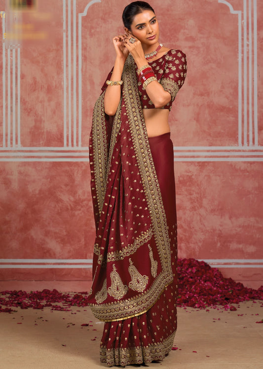 Deep Red & Golden Banarasi Silk Hand Embroidered Bridal Sequins Saree