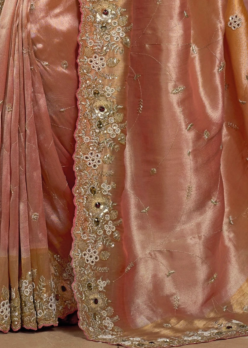 Golden & Pink Banarasi Silk Hand Embroidered Bridal Saree