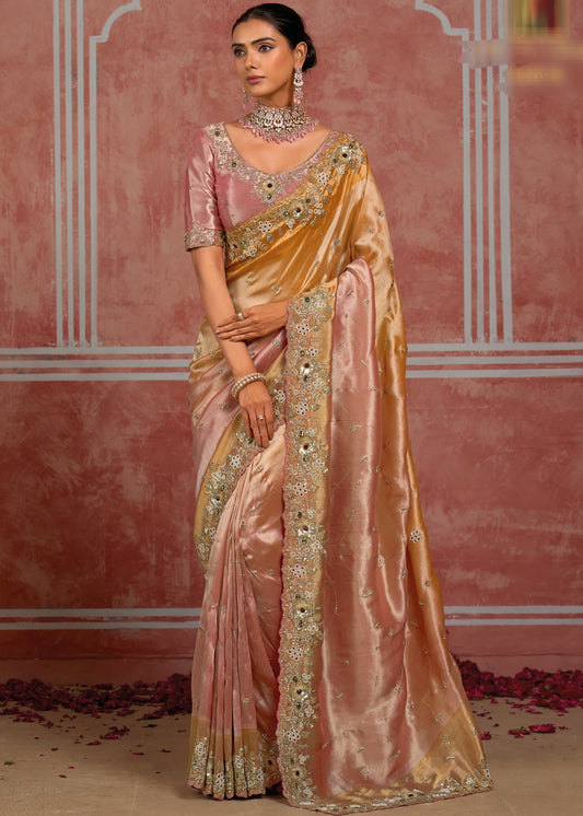 Golden & Pink Banarasi Silk Hand Embroidered Bridal Saree