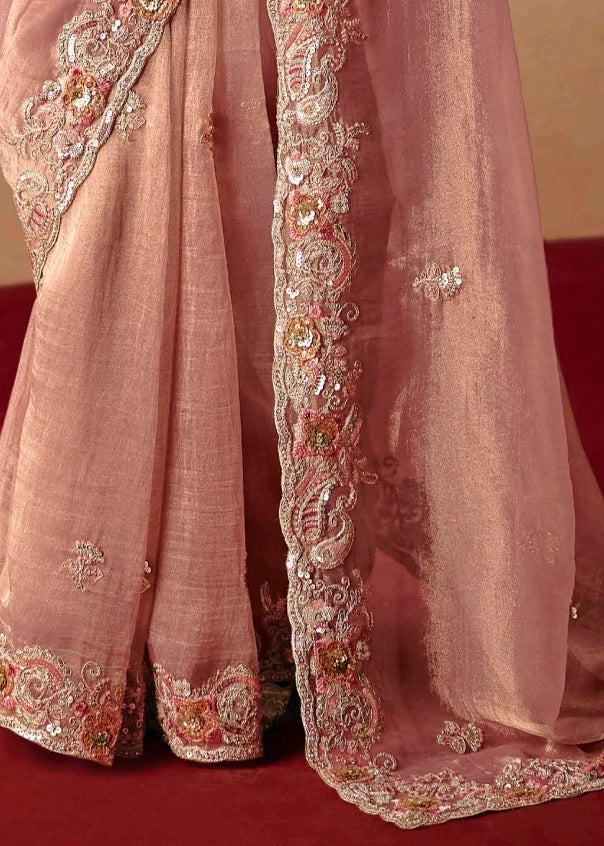 Designer Pastel Pink Organza Tissue Silk Embroidered Saree