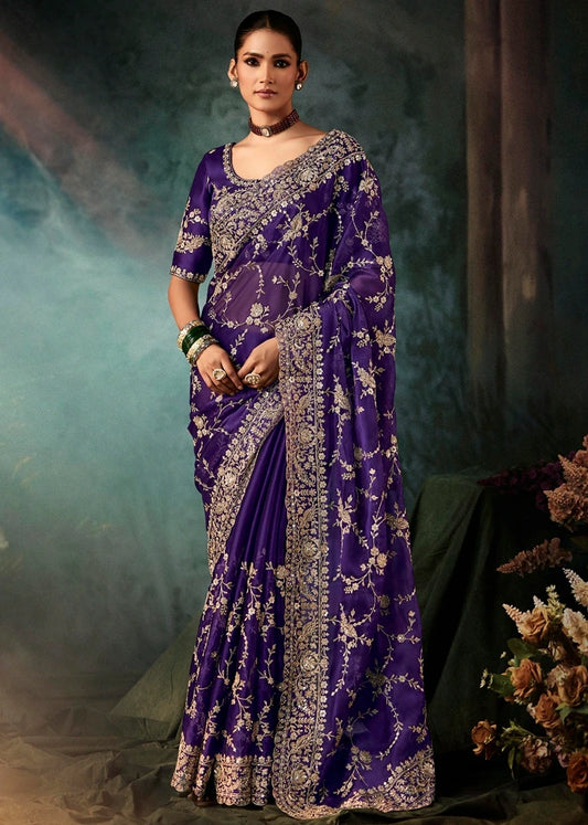 Violet Purple Crepe Silk Dabka Work Embroidered Bridal Saree