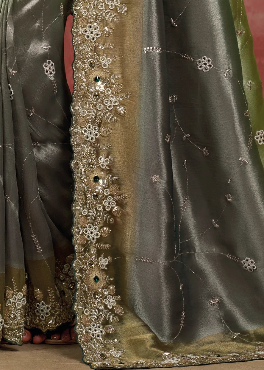 Grey & Pastel Green Banarasi Silk Hand Embroidered Bridal Saree