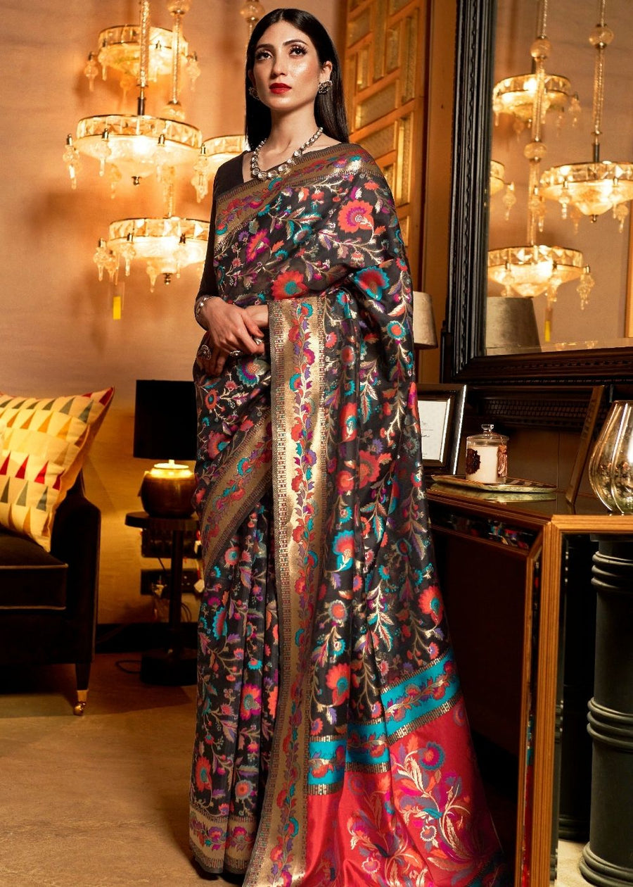 Kashmiri Jamawar Silk Black Pashmina Saree with Banarasi Border