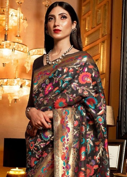 Kashmiri Jamawar Silk Black Pashmina Saree with Banarasi Border