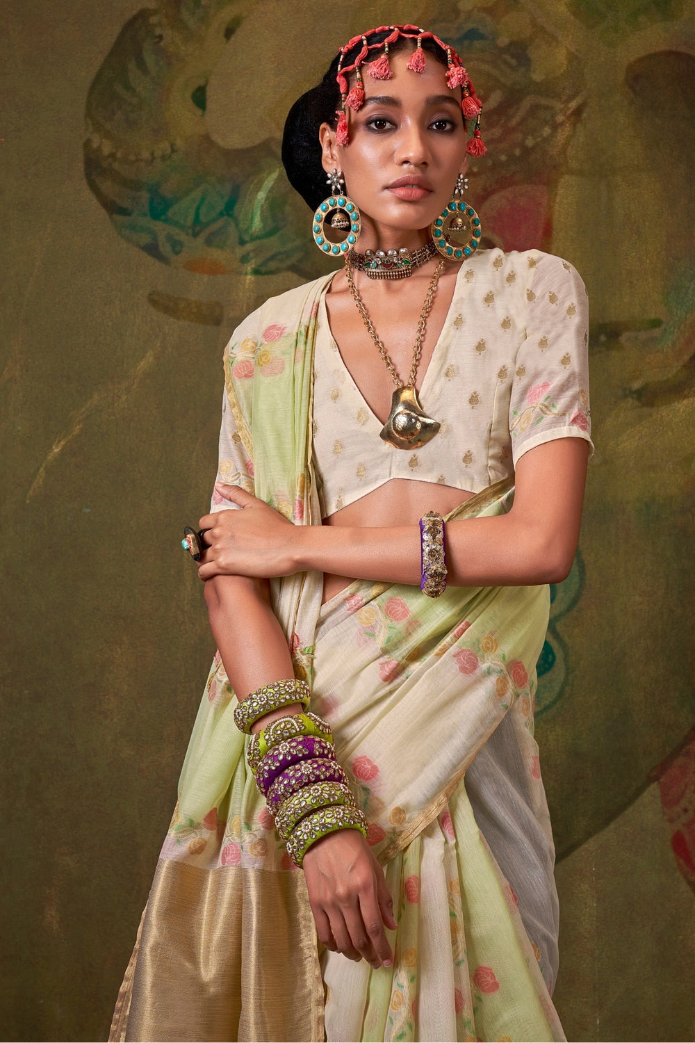 White and Green Handwoven Cotton Silk Saree
