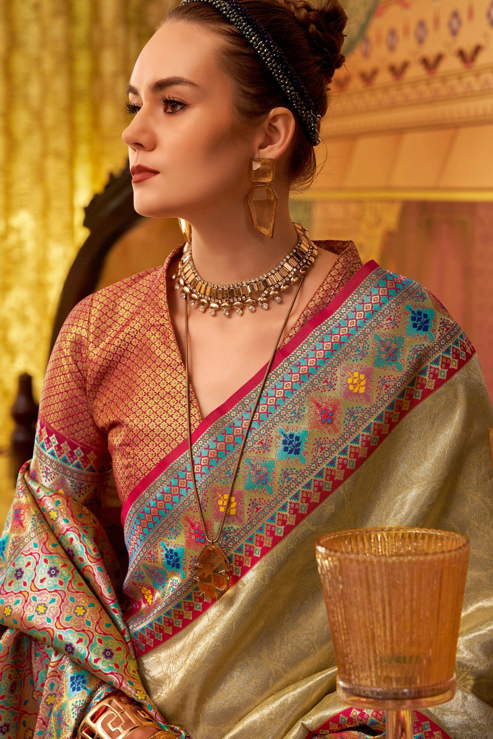 Cream Banarasi Tissue Silk Multicolor Weaving Border Saree