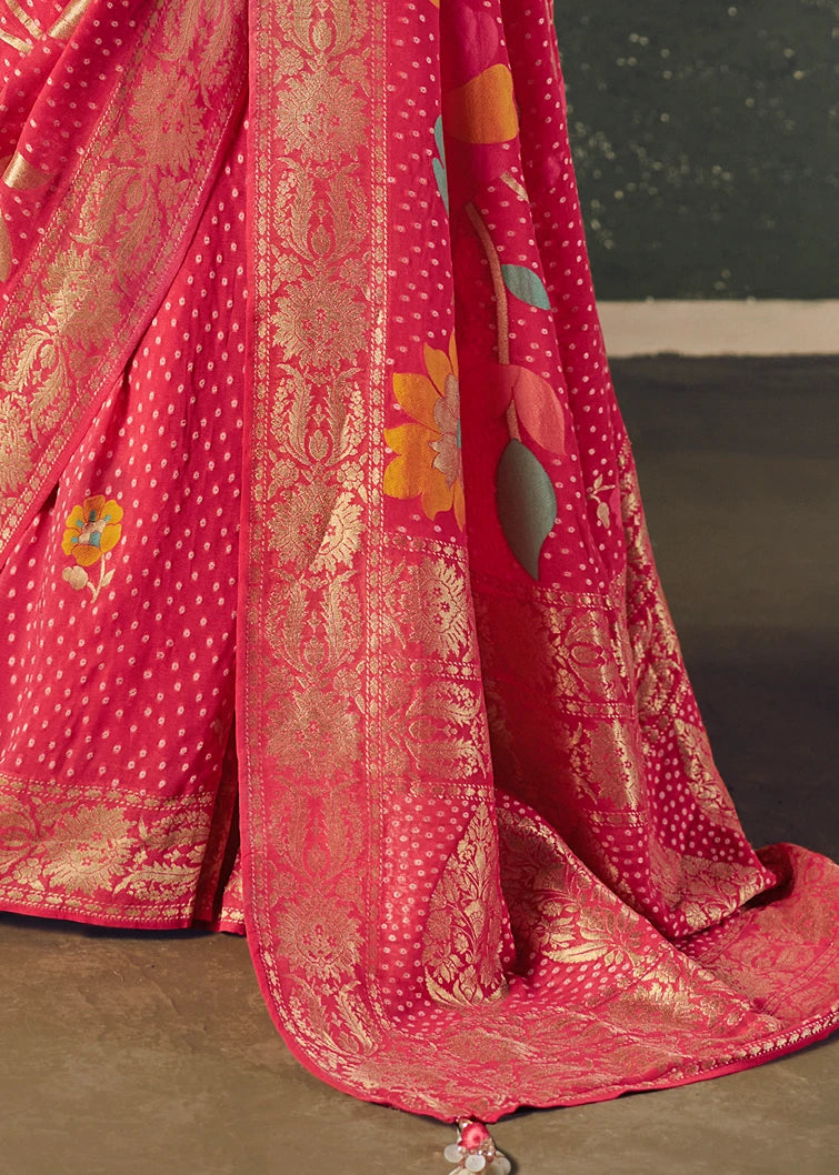 Pure Khaddi Georgette Pinkish Red Bridal Bandhani Saree