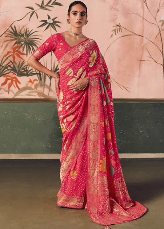 Pure Khaddi Georgette Pinkish Red Bridal Bandhani Saree