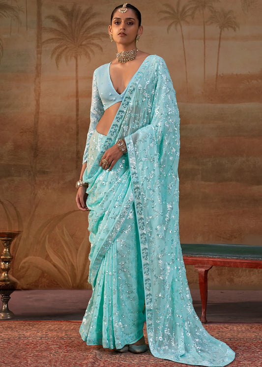 Pure Georgette Party Wear Pastel Blue Sequins Floral Saree