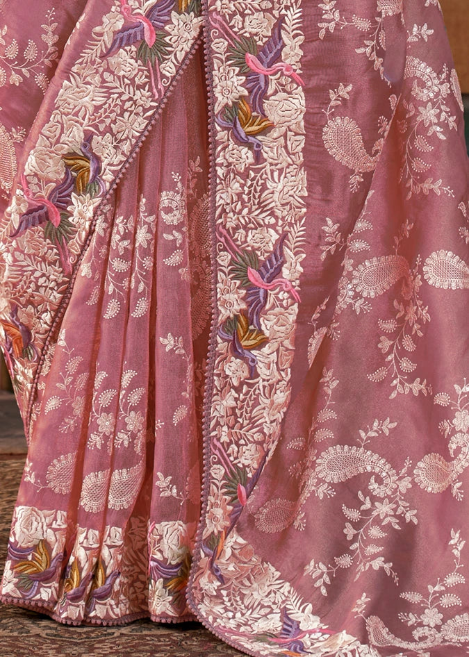 Blush Pink Lucknowi Organza Silk Saree With Parsi Embroidery Border
