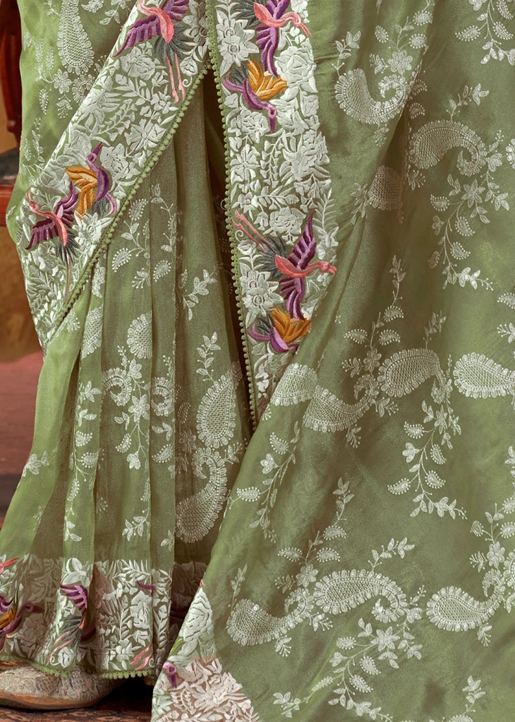 Pista Green Lucknowi Organza Silk Saree With Parsi Embroidery Border