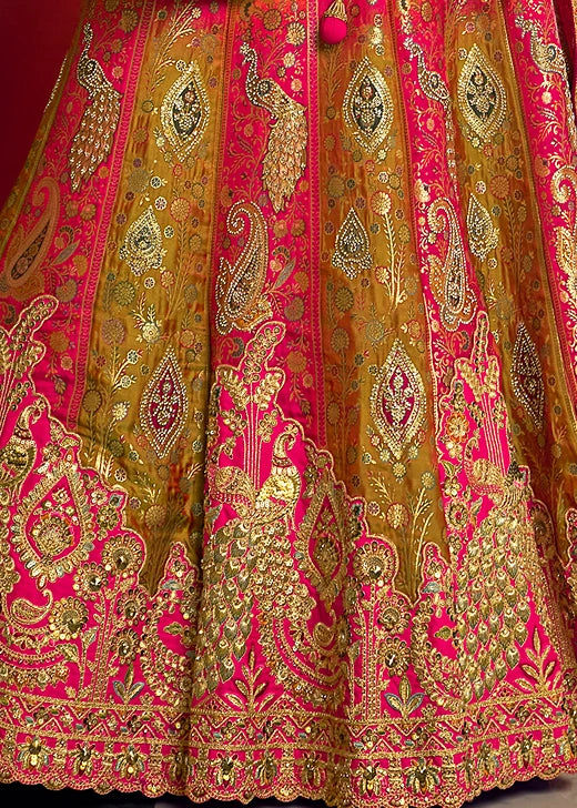 Mustard Yellow & Rani Pink Banarasi Silk Bridal Lehenga Choli With Clutch Purse
