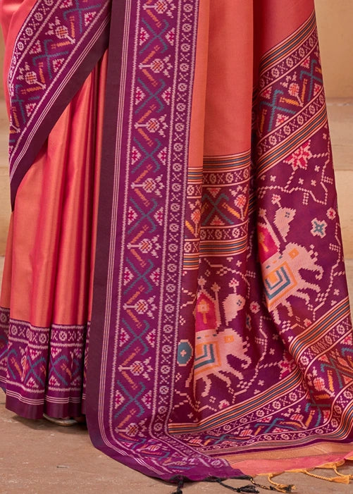 Coral Rust Orange Patola Silk Saree With Magenta Pink Blouse