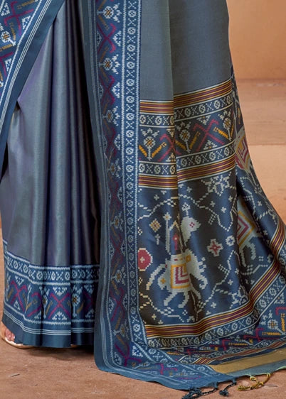Steel Blue Patola Silk Saree With Dark Blue Blouse