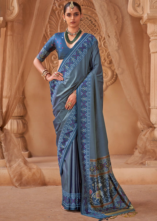Steel Blue Patola Silk Saree With Dark Blue Blouse