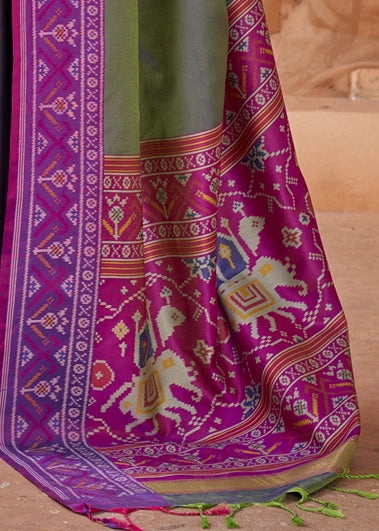 Charcoal Grey Patola Silk Saree With Magenta Pink Blouse