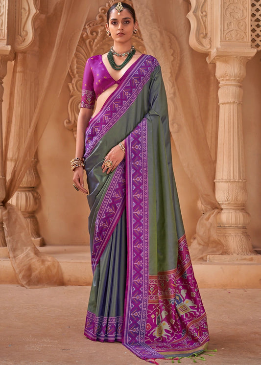 Charcoal Grey Patola Silk Saree With Magenta Pink Blouse