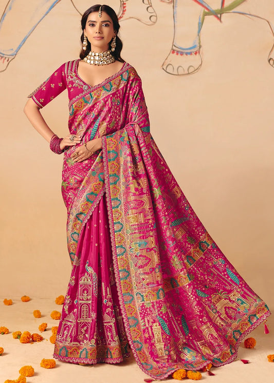 Party Wear Banarasi Silk Multicolor Rani Pink Bridal Zari Saree