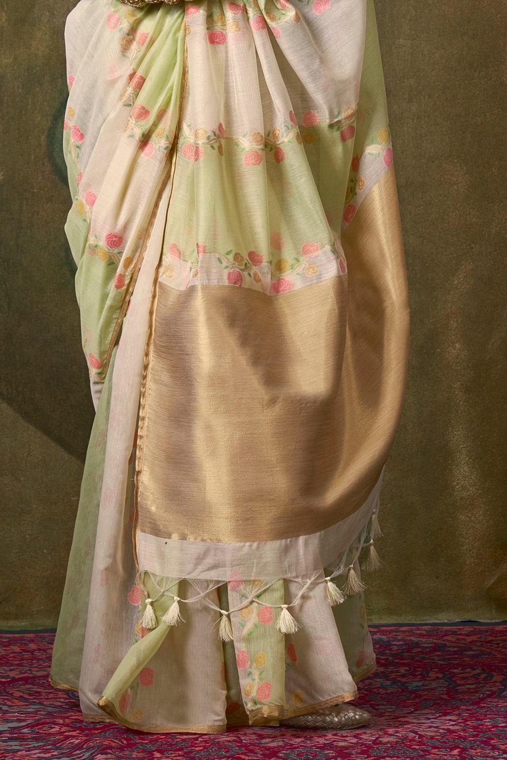 White and Green Handwoven Cotton Silk Saree