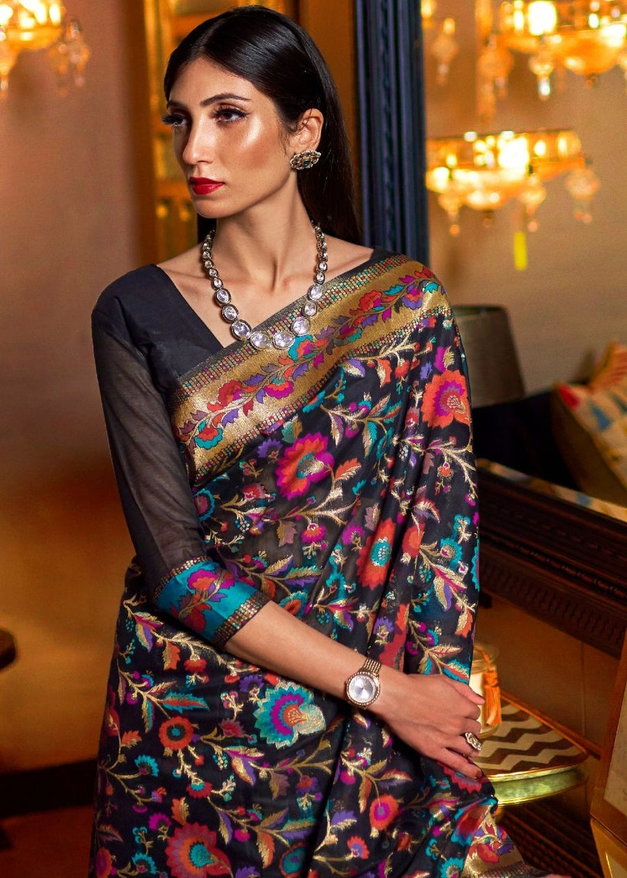Kashmiri Jamawar Silk Black Pashmina Saree with Banarasi Border