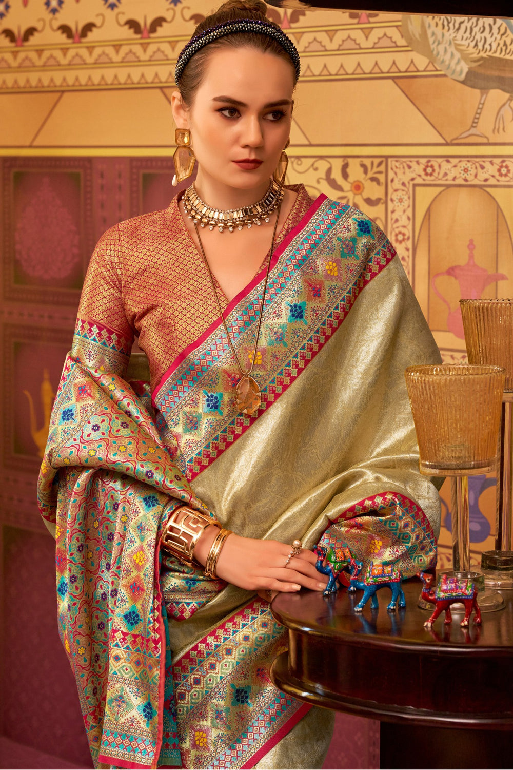 Cream Banarasi Tissue Silk Multicolor Weaving Border Saree