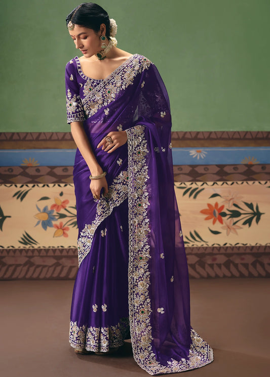Crushed Organza Tissue Silk Violet Purple Embroidered Saree