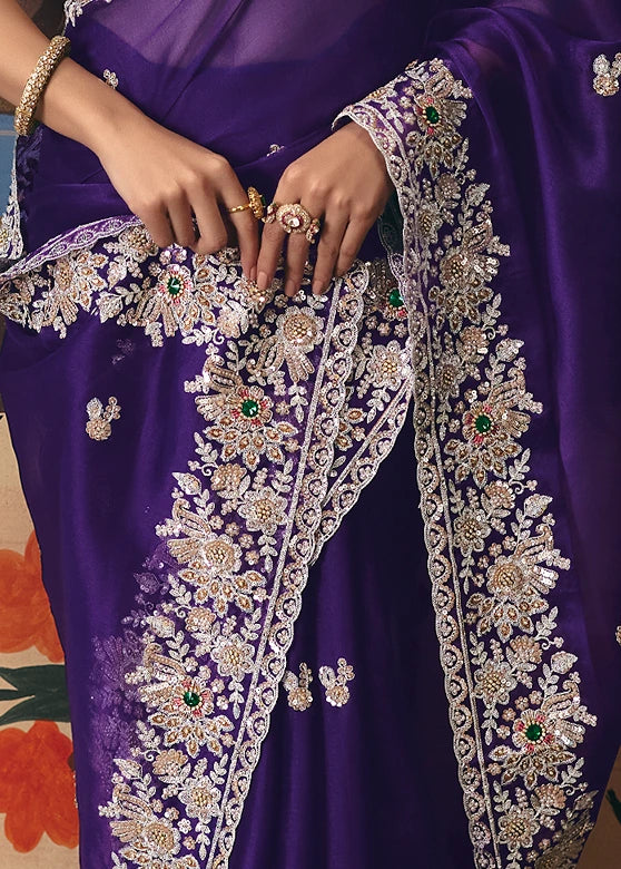 Crushed Organza Tissue Silk Violet Purple Embroidered Saree