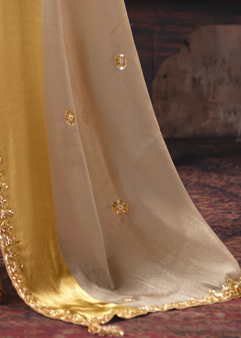 Cream & Golden Yellow Satin Silk Embroidered Saree