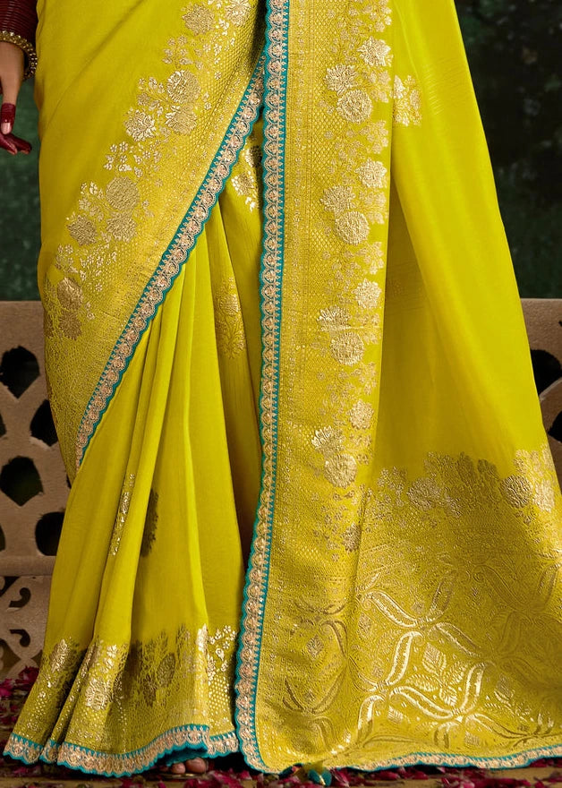 Lime Yellow Dola Banarasi Silk Saree & Teal Green Embroidered Blouse