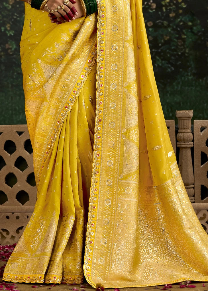 Yellow Dola Banarasi Silk Saree & Red Embroidered Blouse