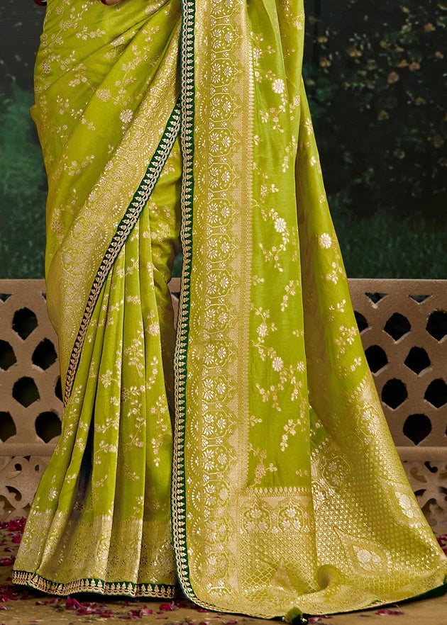 Lime Green Dola Banarasi Silk Saree & Dark Green Embroidered Blouse