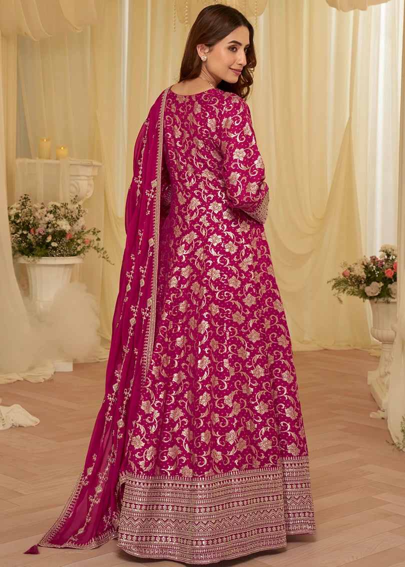 Deep Rani Pink Silk Anarkali Gown Suit With Dupatta