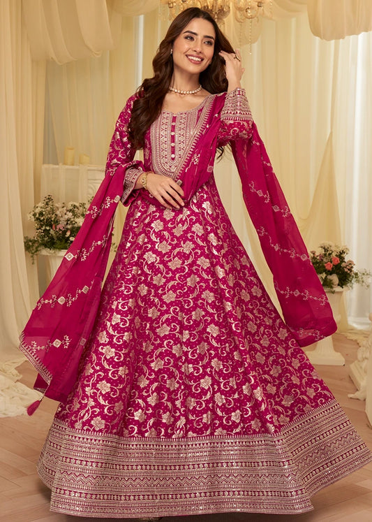 Deep Rani Pink Silk Anarkali Gown Suit With Dupatta