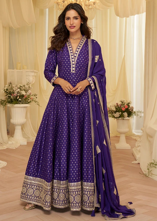Violet Purple Silk Anarkali Gown Suit With Dupatta