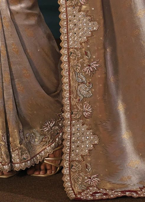 Silver & Golden Kanjivaram Silk Embroidered Saree With Red Blouse