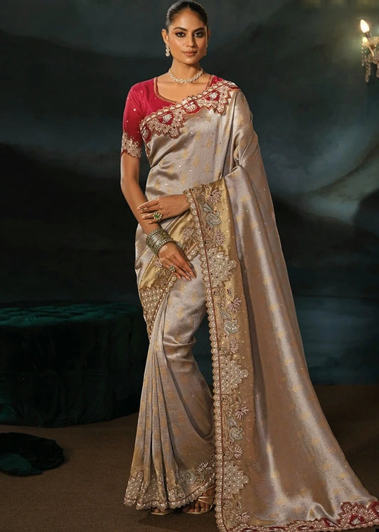 Silver & Golden Kanjivaram Silk Embroidered Saree With Red Blouse