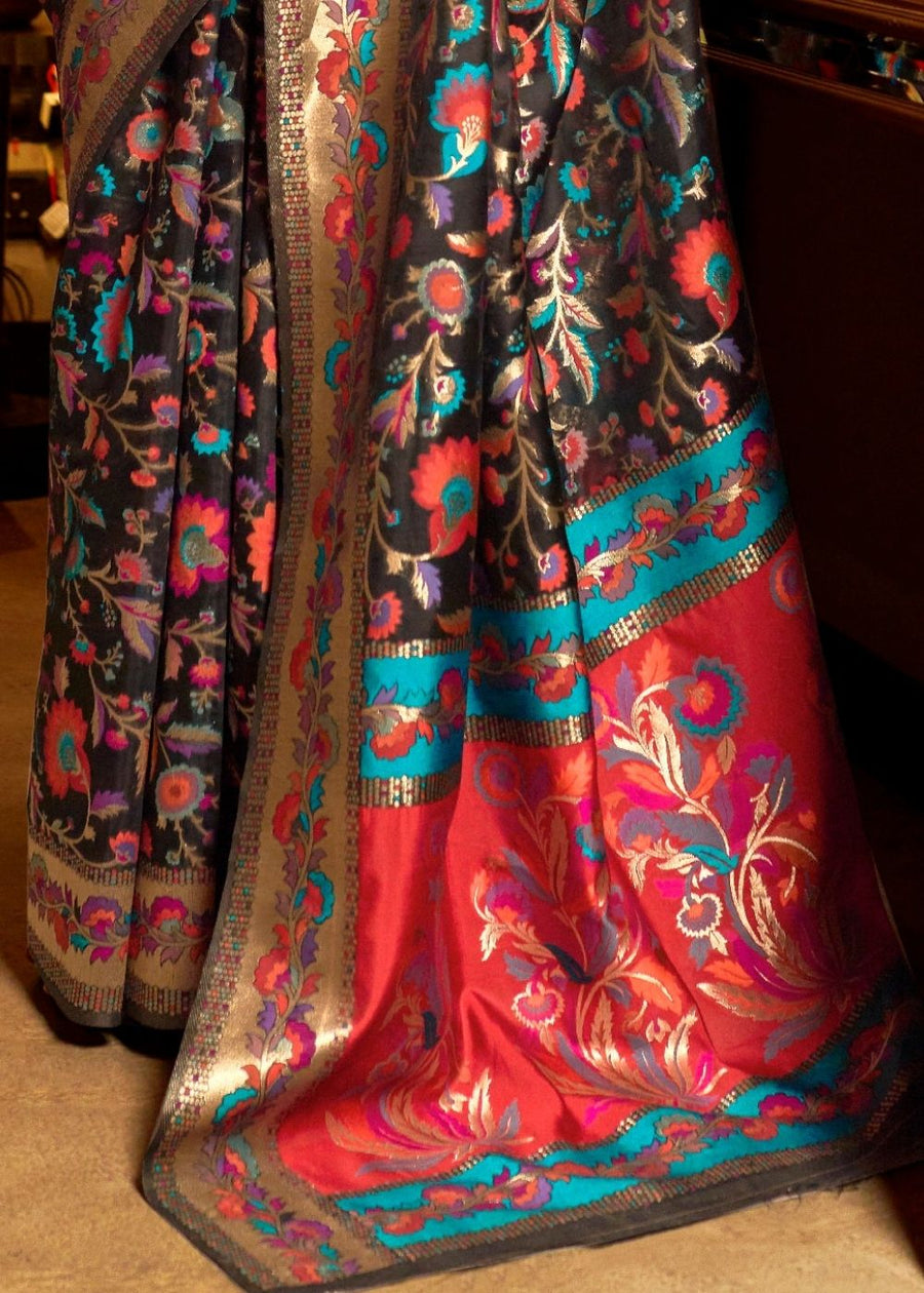 Kashmiri Jamawar Silk Black Pashmina Saree with Banarasi Border