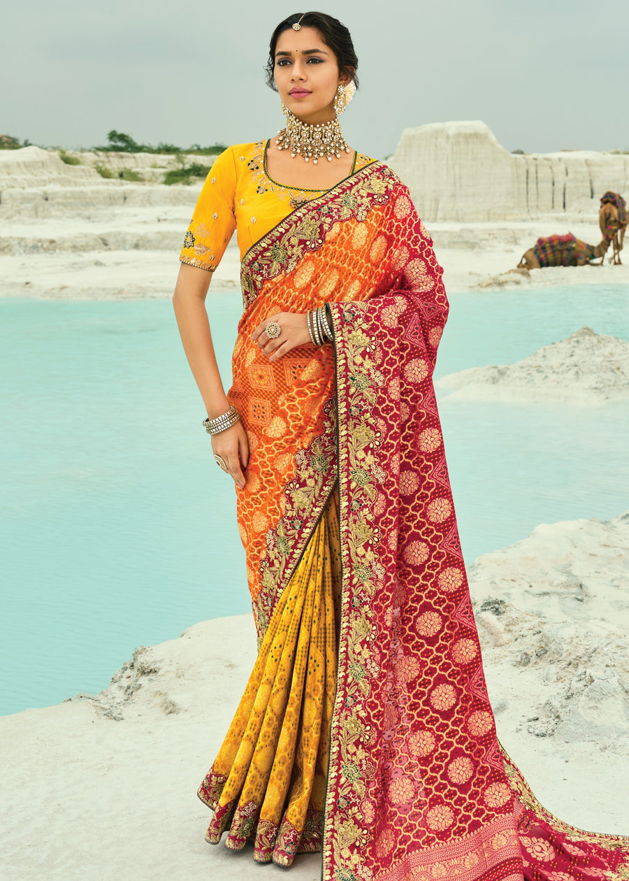 Yellow Orange & Red Multicolor Khaddi Georgette Embroidered Bandhani Saree
