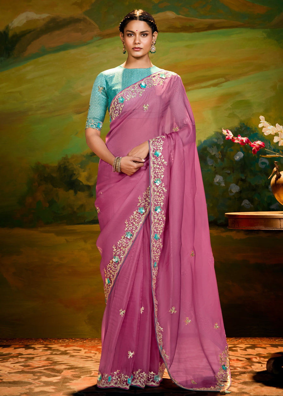 Satin Tissue Pink Embroidered Saree With Aqua Blue Banarasi Blouse
