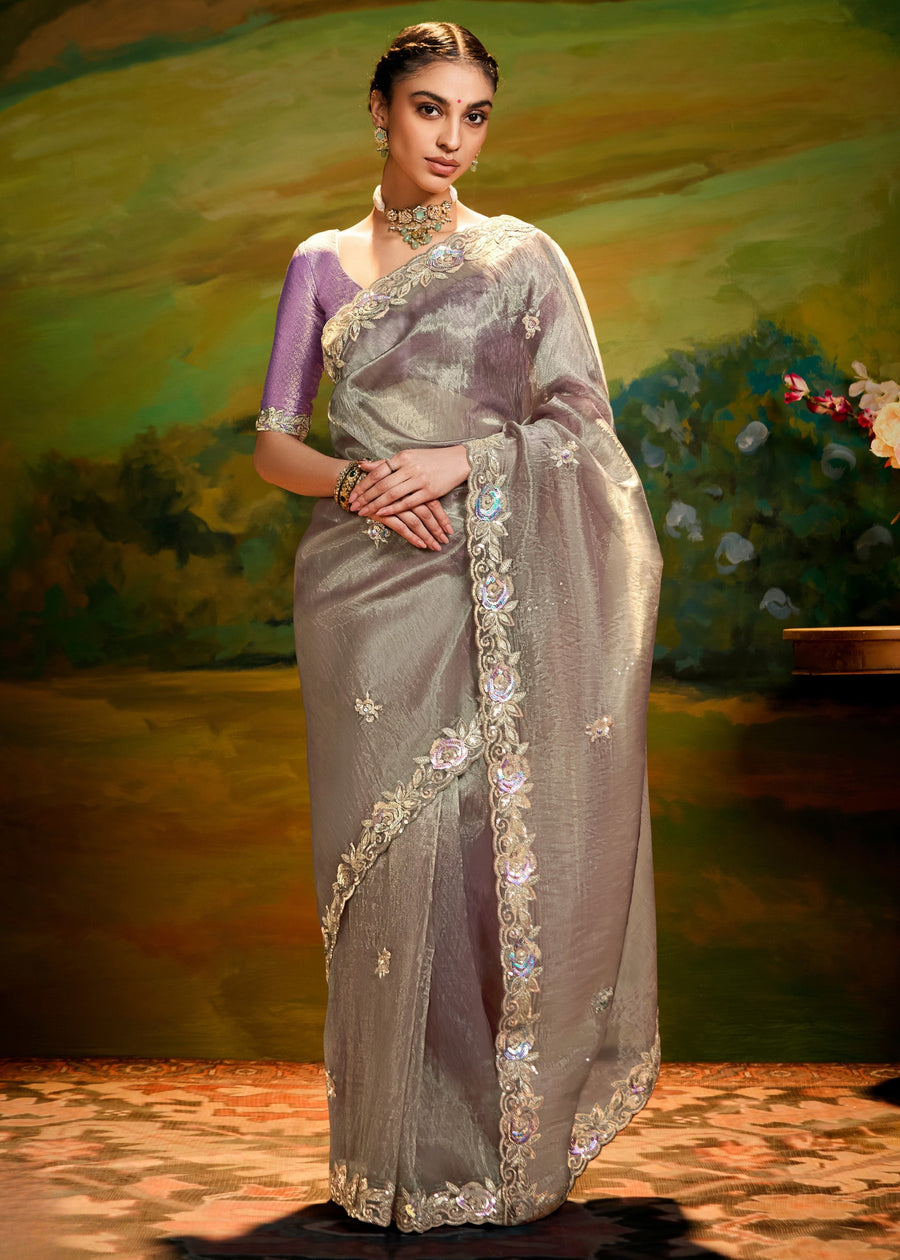 Crushed Satin Tissue Grey Embroidered Saree & Purple Blouse