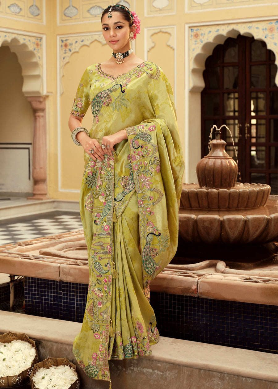Lime Green Soft Banarasi Silk Embroidered Saree
